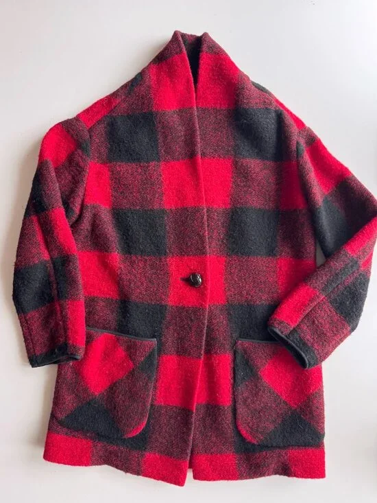 Aritzia WILFRED FREE Off Duty Red Black Check Wool Blend Cocoon Coat, Size S - Picture 5 of 16